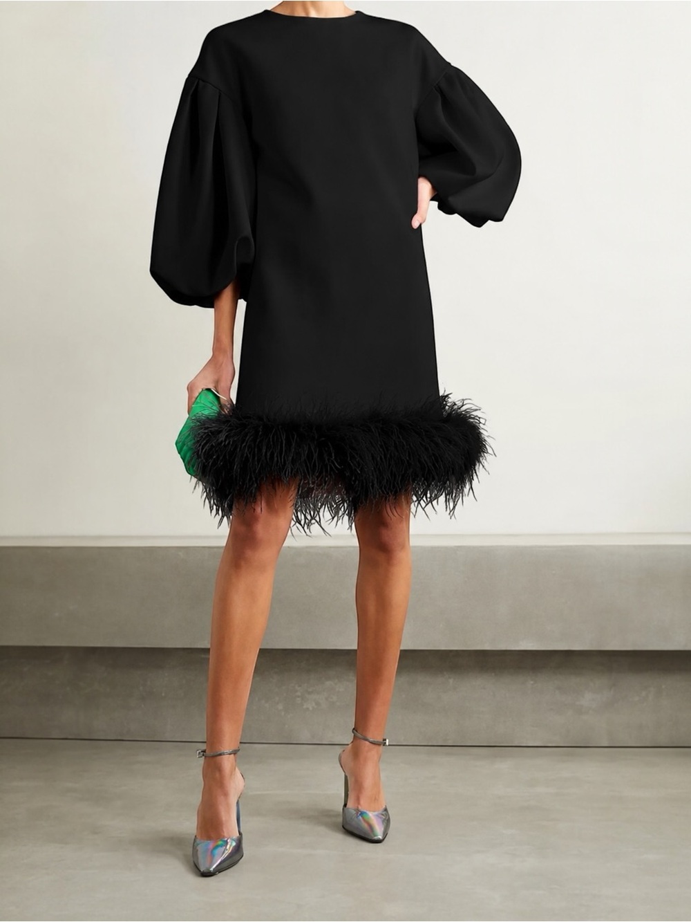 HUISHAN ZHANG Poppy Feather Trimmed Balloon Sleeve‎ Crepe Dress